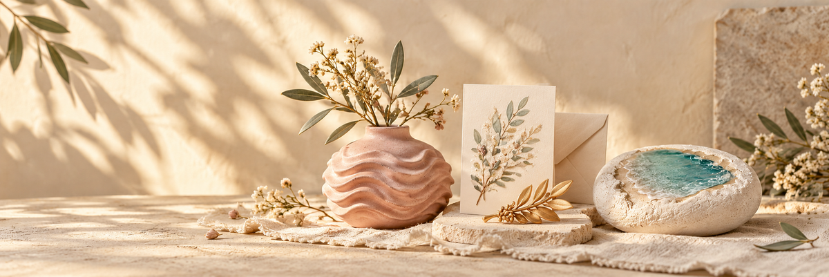 Illustrated other materials banner with a botanical card, gold-tone leaf brooch, ripple vase and coastal plaster stone