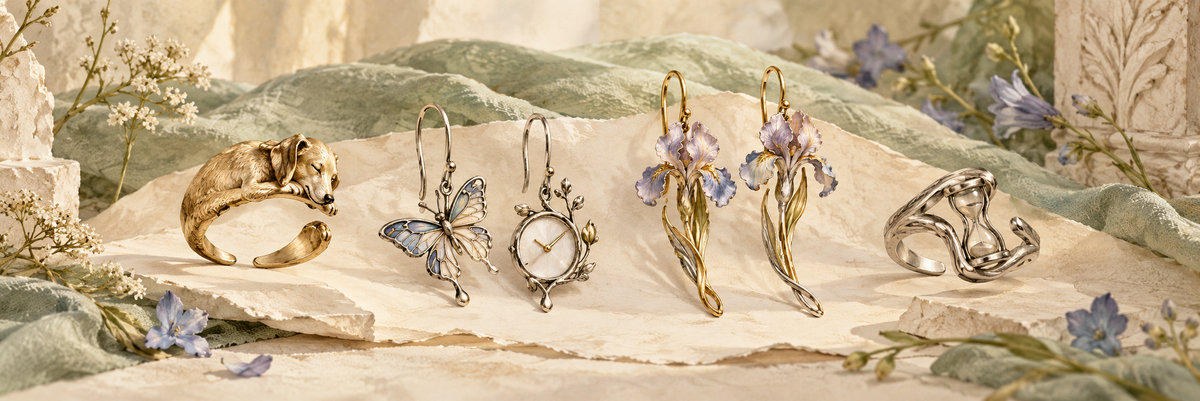 Rings and earrings — characterful animal, floral and clock-inspired jewellery with sculptural open rings