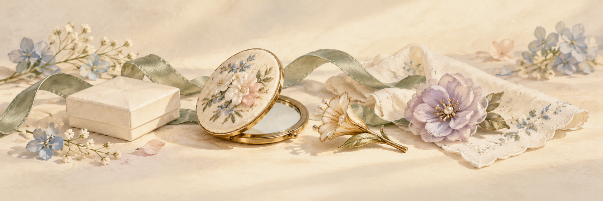 Pocket keepsakes — embroidered compact mirrors and small brooches, chosen to carry close