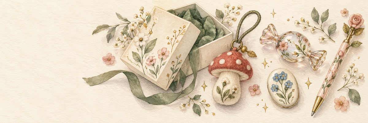 A gift presentation box with a mushroom charm, glass sweet, botanical keepsake and rose pen