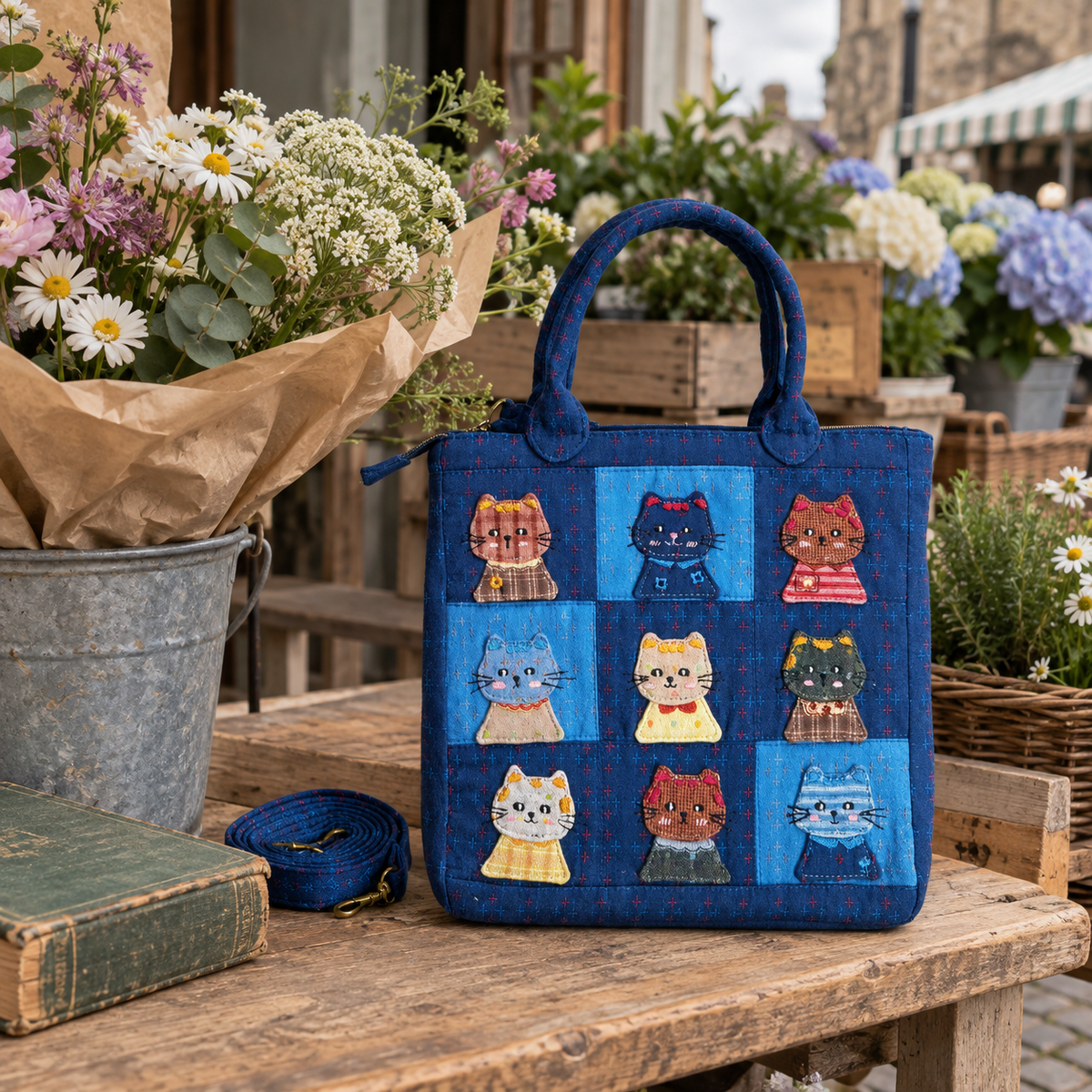 Artisan Textiles — Storybook Cat Large Blue Patchwork Tote – Hand-Embroidered Details