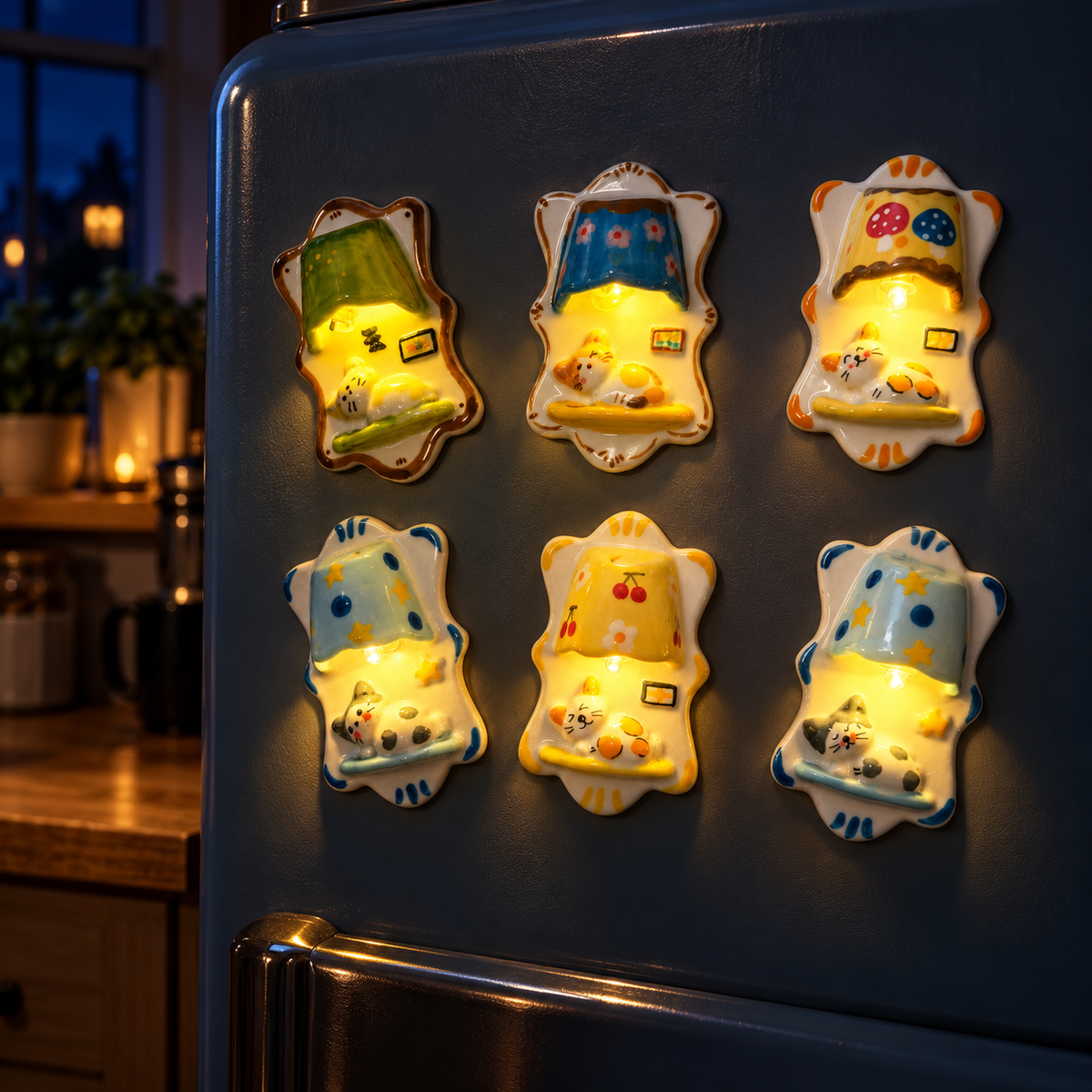 Six ceramic cat fridge magnet lights glowing against a dark refrigerator at night – styled scene