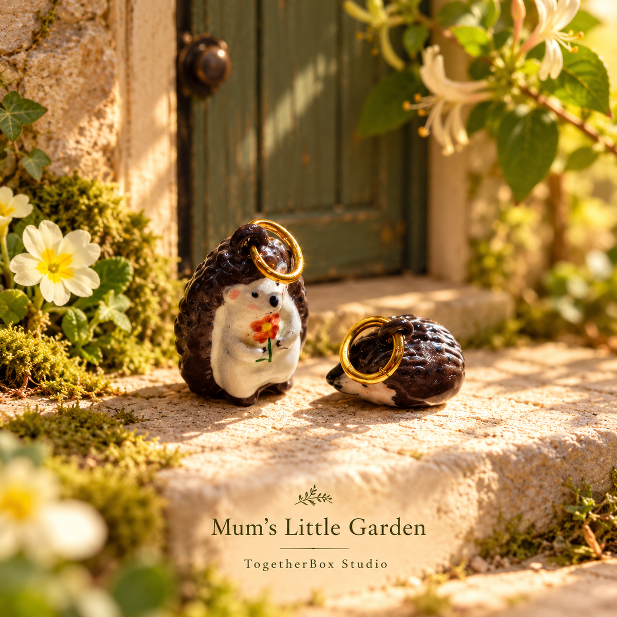 Mum’s Little Garden: Flower Keeper and Sleepy Bramble hedgehog charms beside a sunny cottage garden doorway, a gentle mother-and-child scene