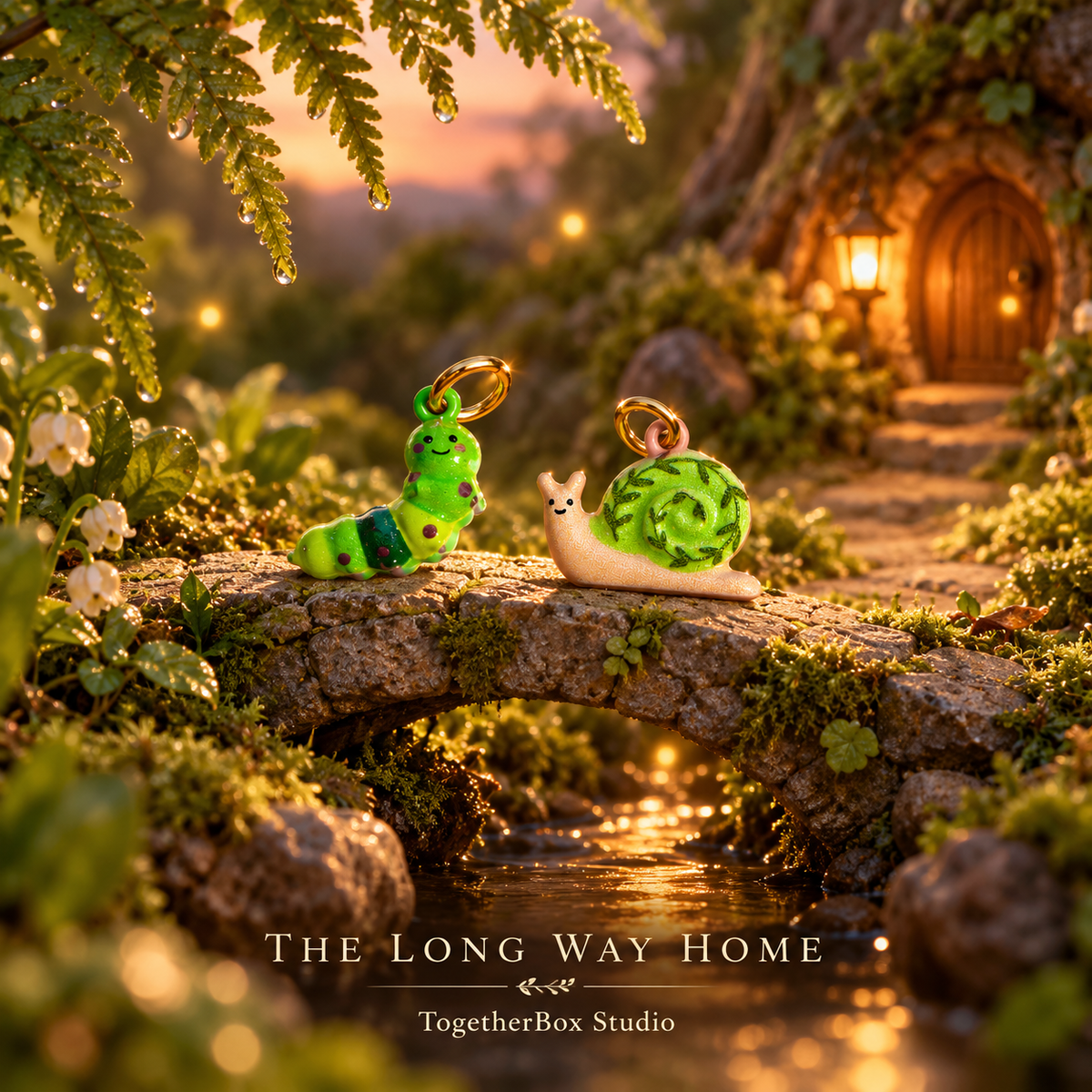 Clover Caterpillar and Ivy Trail Snail charms on a mossy stone bridge leading to a lantern-lit woodland doorway