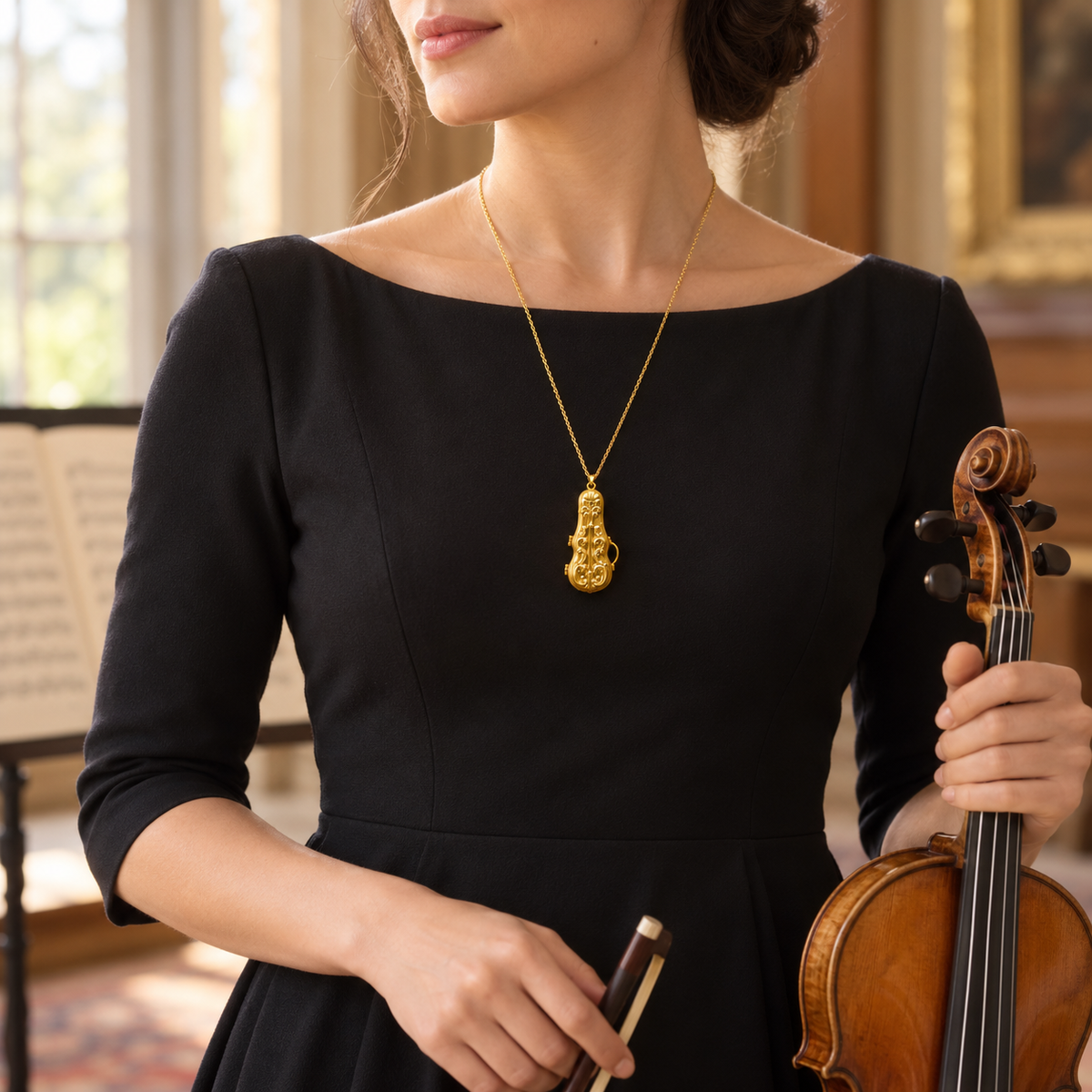 Secret Recital Violin Locket Necklace – 18K Gold-Plated Copper