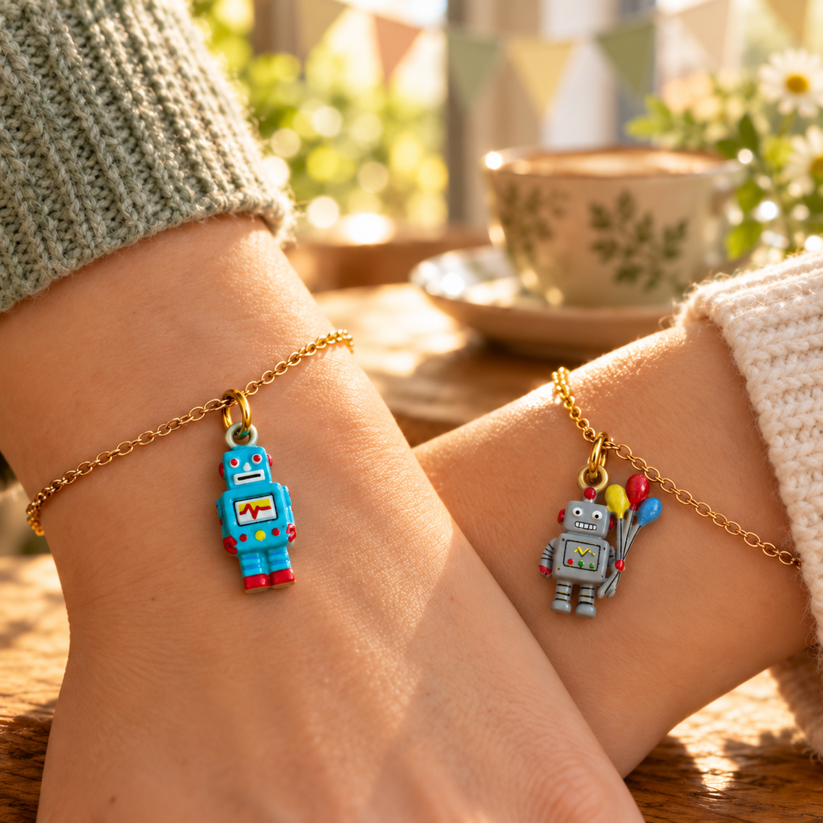 Two robot charms with gold-tone rings styled on separate bracelets
