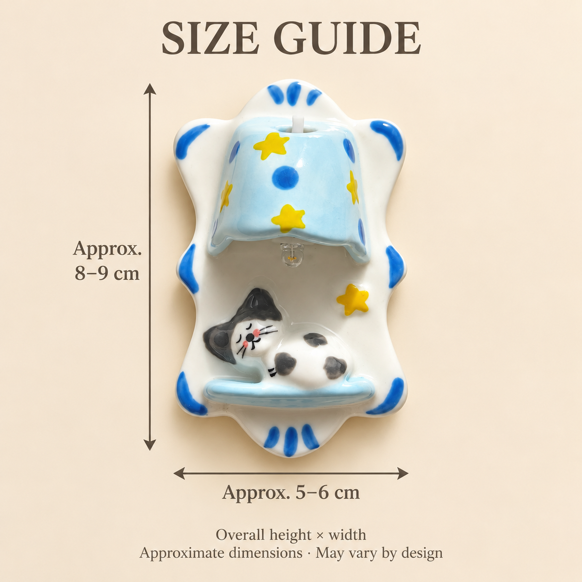Ceramic cat magnet light size guide – approximately 8–9 cm high and 5–6 cm wide
