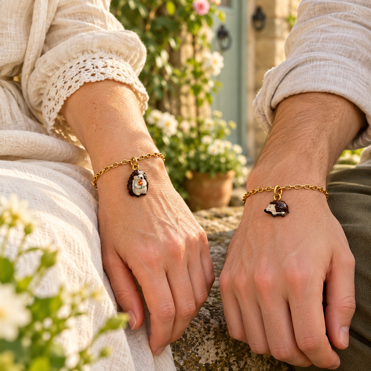 Mother and adult son each wearing one hedgehog charm on separate bracelets; bracelets not included