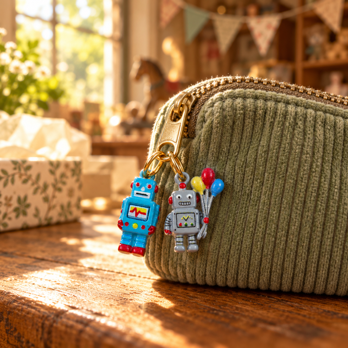 Two robot charms attached together to one zipper pull on a sage corduroy pouch