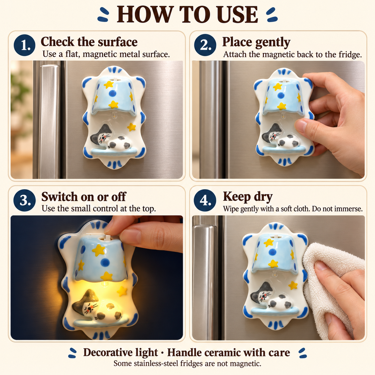 How to use the ceramic cat fridge magnet light – magnetic attachment, top switch and dry care