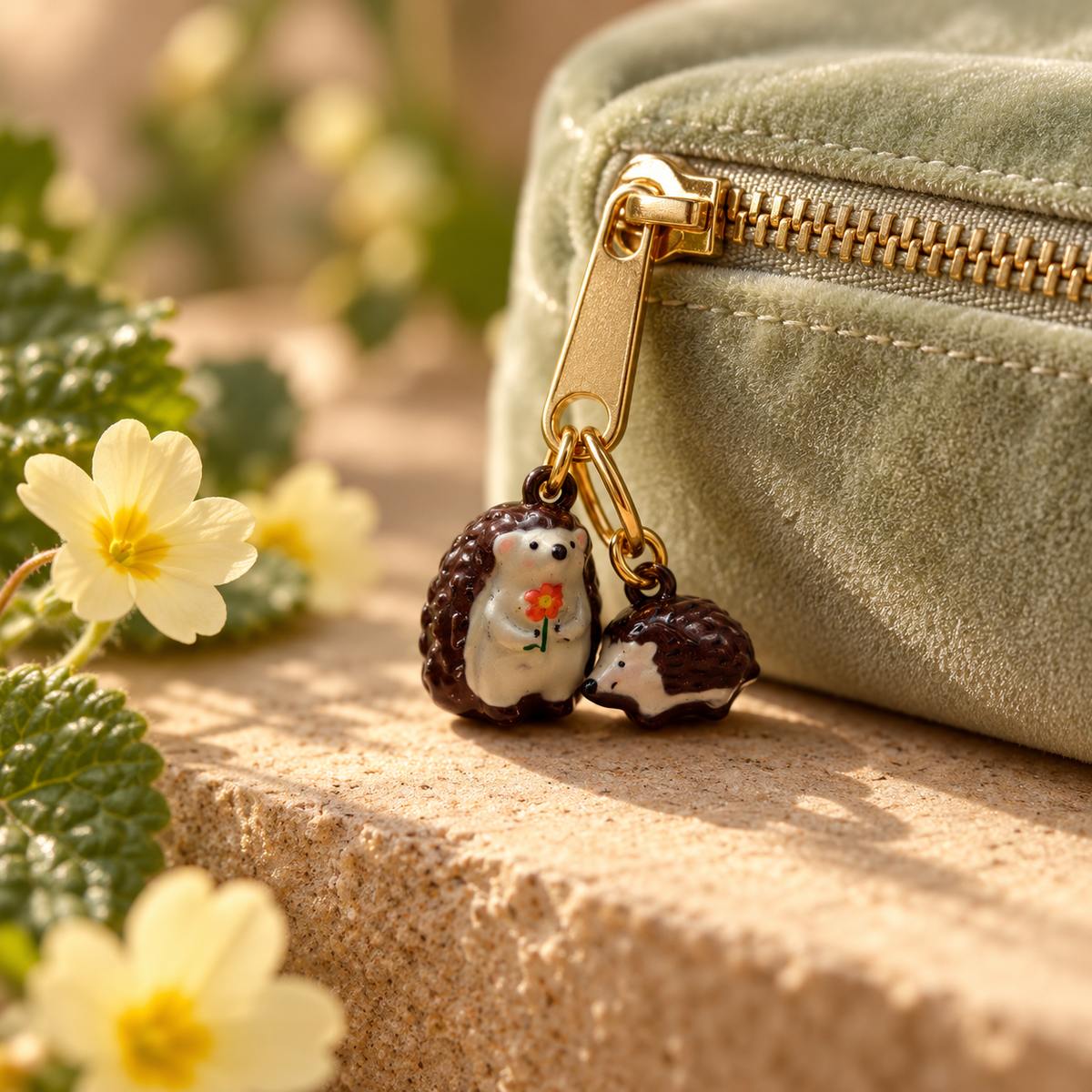 Flower Keeper and Sleepy Bramble charms attached to one zipper pull on a sage keepsake pouch; pouch not included