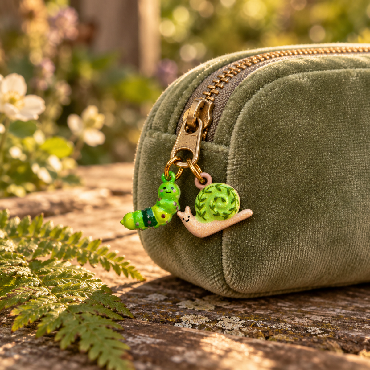 Caterpillar and snail charms hanging from one zipper pull on a sage velvet pouch