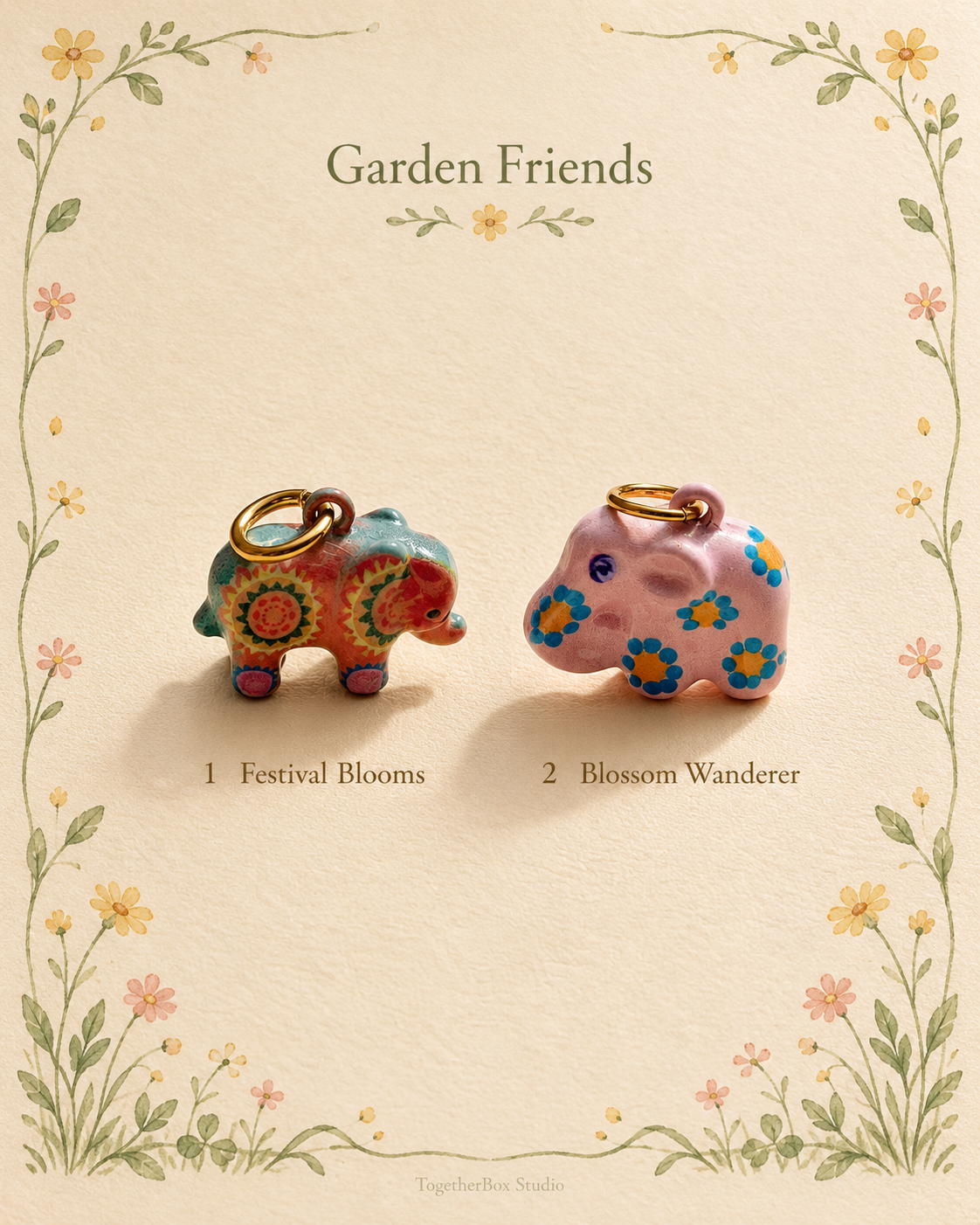 Garden Friends – Festival Blooms & Blossom Wanderer Elephant Pendant / Charm Pair