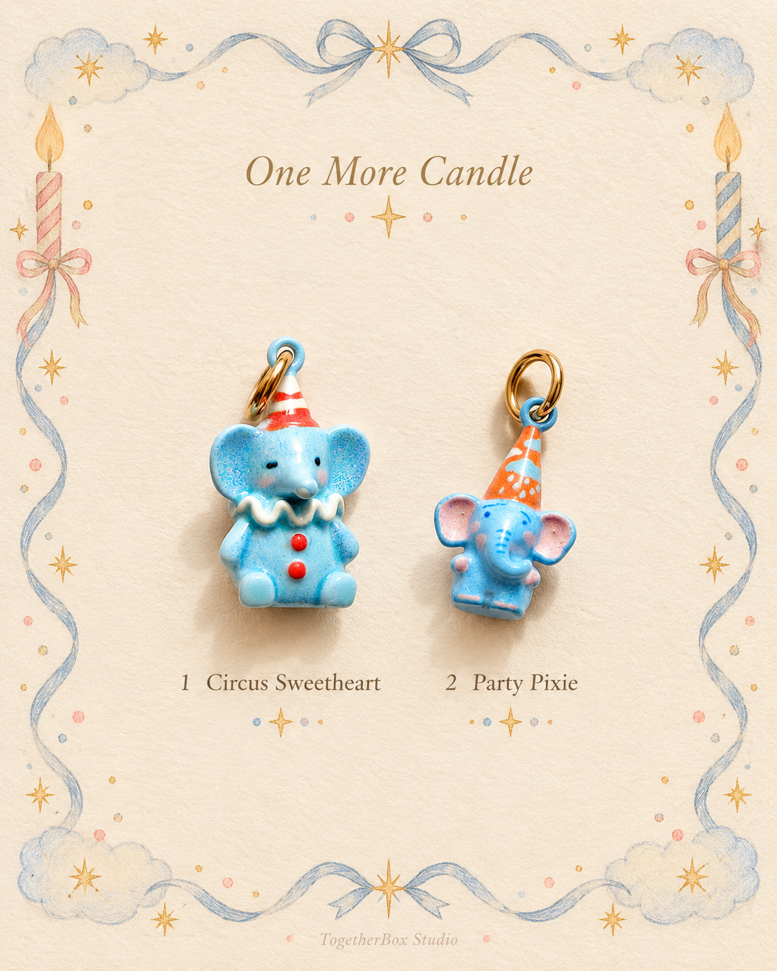 One More Candle – Circus Sweetheart & Party Pixie Elephant Pendant / Charm Pair