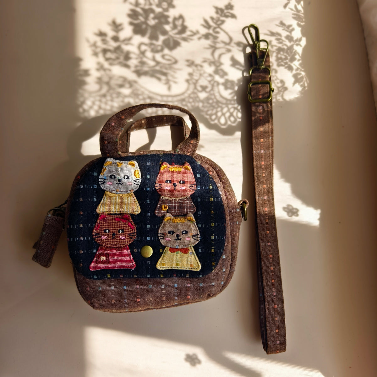 Storybook Cat Patchwork Handbag – Hand-Embroidered Details
