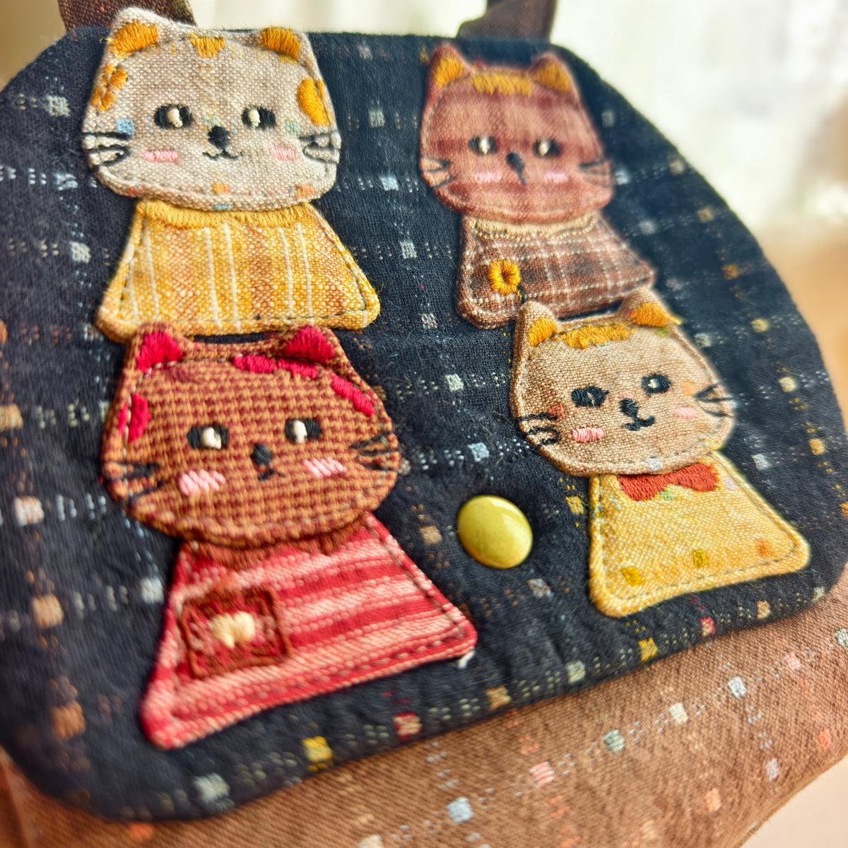 Storybook Cat Patchwork Handbag – Hand-Embroidered Details
