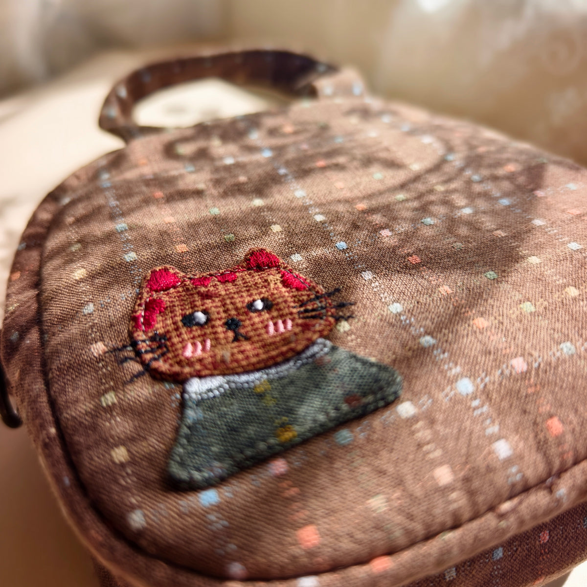 Storybook Cat Patchwork Handbag – Hand-Embroidered Details