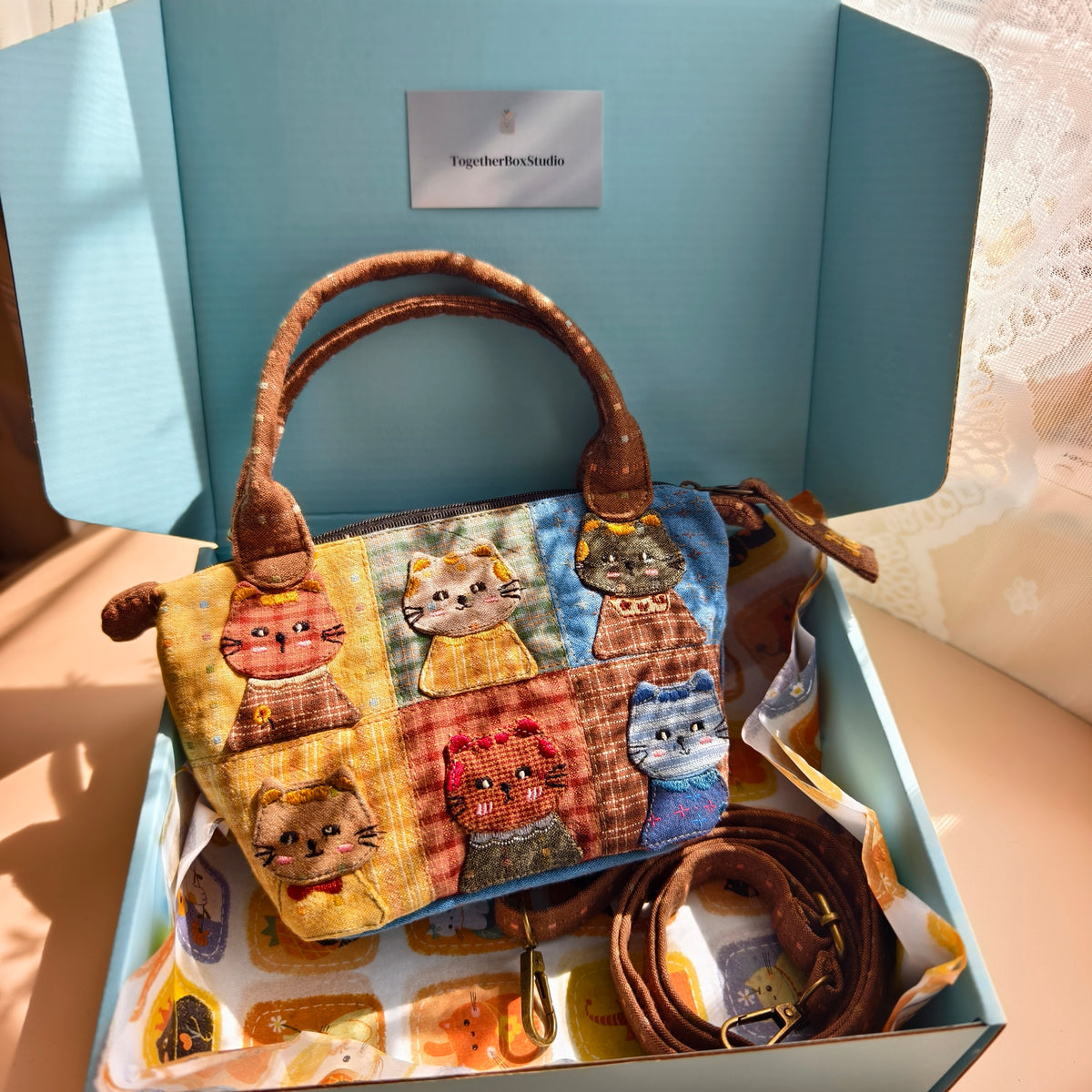 Storybook Cat Wide Patchwork Handbag – Hand-Embroidered Details
