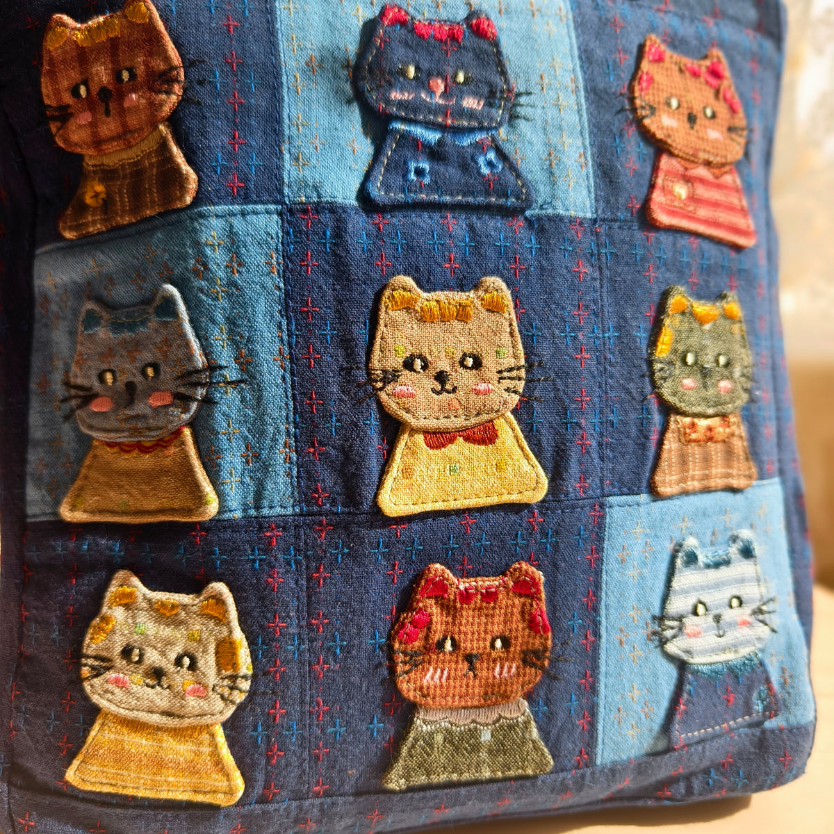 Storybook Cat Large Blue Patchwork Tote – Hand-Embroidered Details