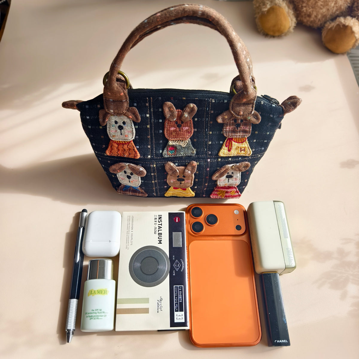 Six Little Dogs Dotted Navy Patchwork Handbag – Hand-Embroidered Textile
