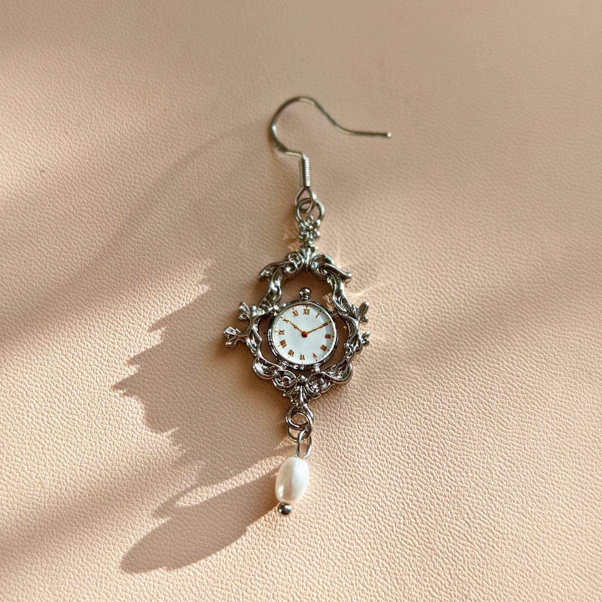 Butterfly & Clock Drop Earrings – White gold-tone plated copper