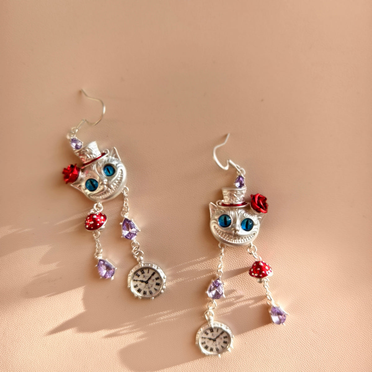 Top Hat Cat & Clock Drop Earrings – Platinum-Plated Copper