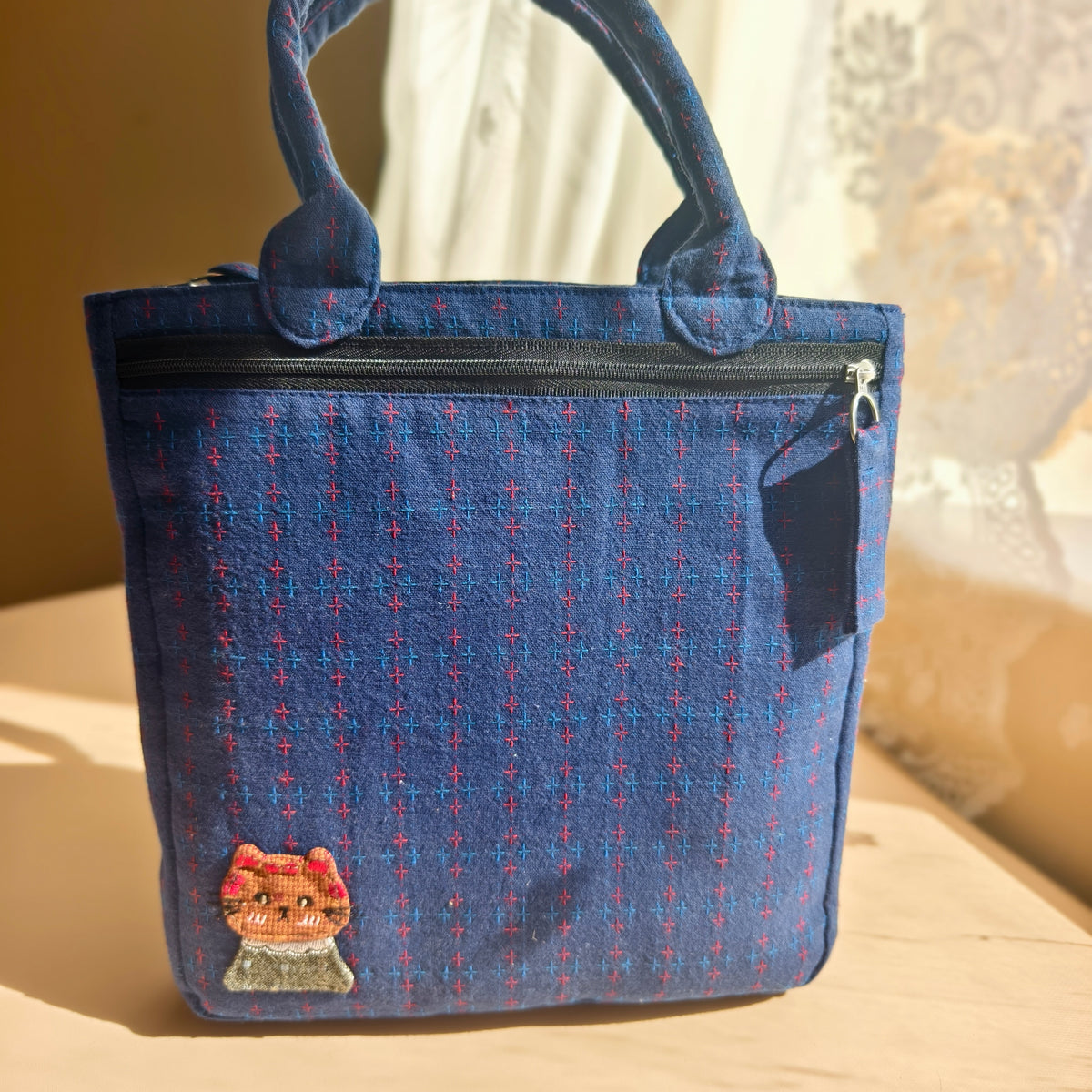 Storybook Cat Large Blue Patchwork Tote – Hand-Embroidered Details
