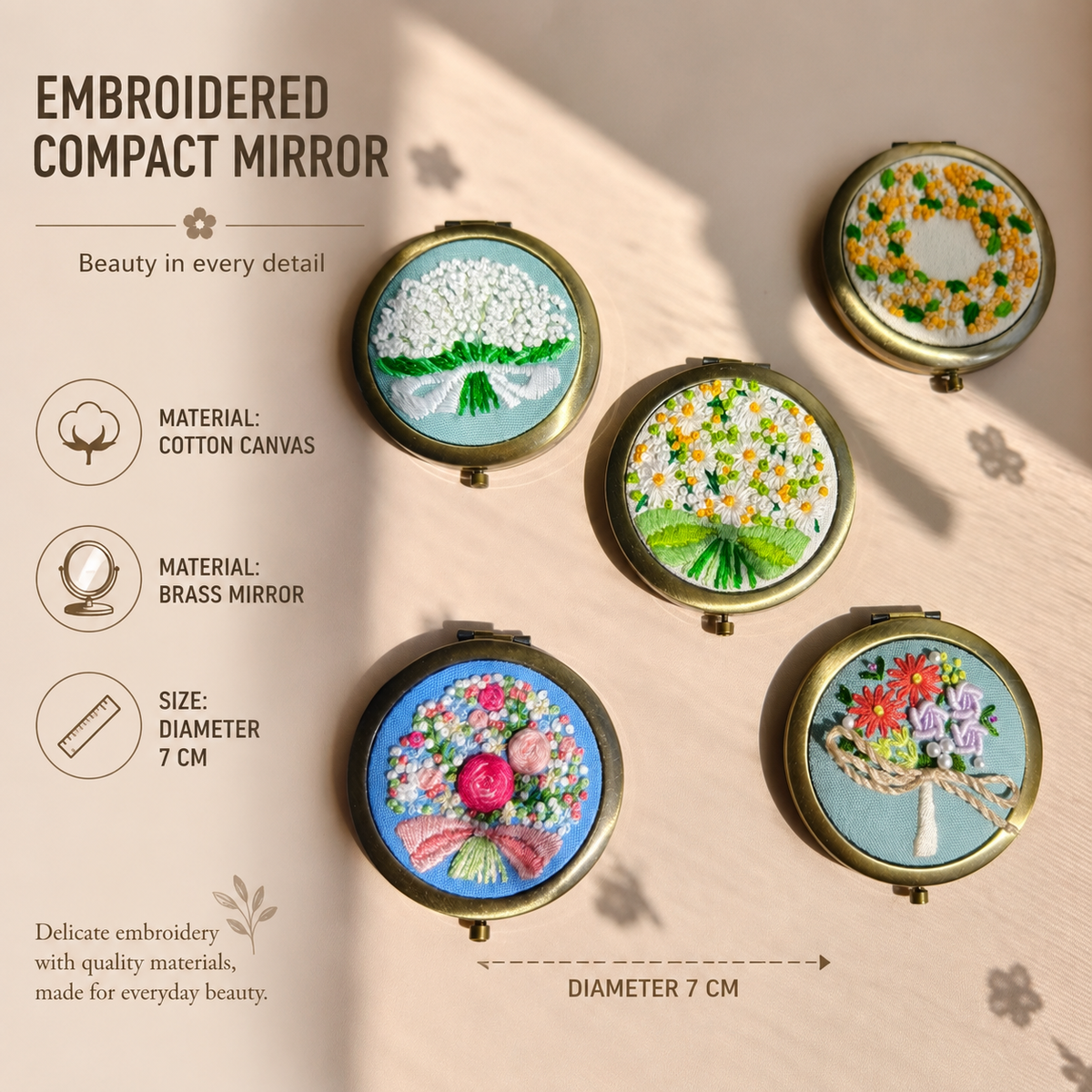Floral Compact Mirror – Hand-Embroidered Fabric