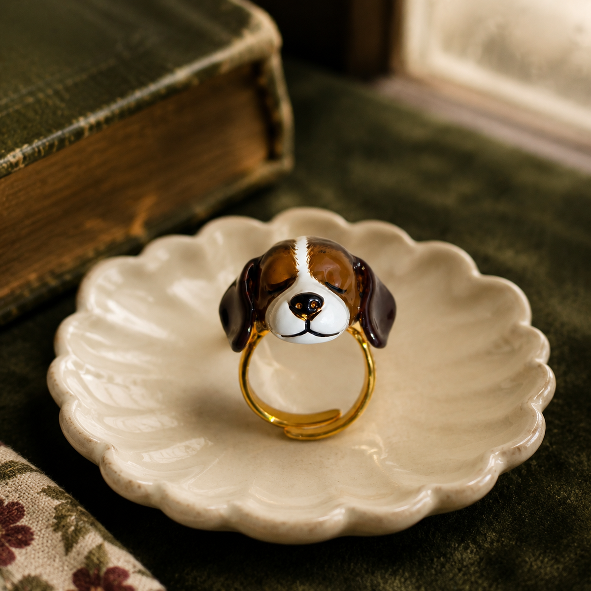 Sleepy Hound Adjustable Ring – Gold-Plated Enamel