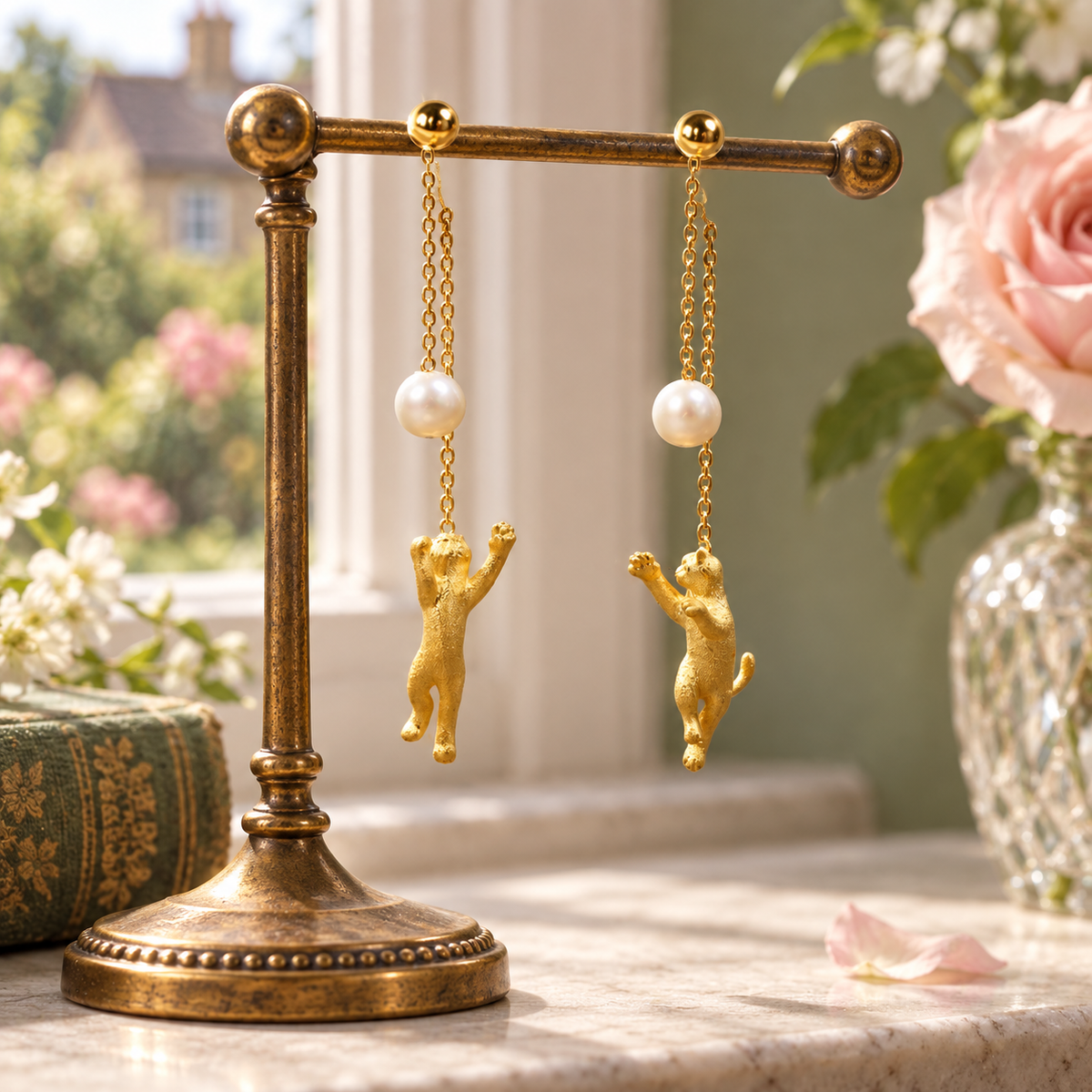 Playful Pearl-Chasing Cat Drop Earrings – Gold-Plated Copper & Pearl