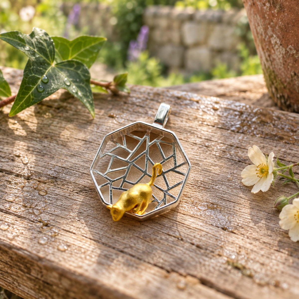Playful Window Cat Pendant – S925 Sterling Silver, Gold Plated