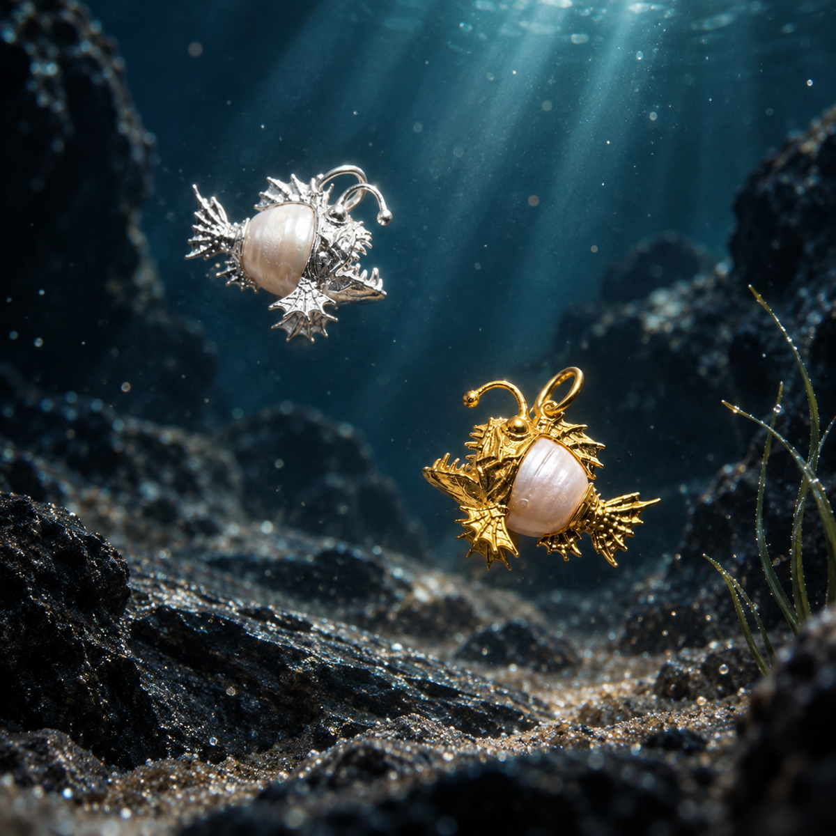 Deep-Sea Anglerfish Baroque Pearl Pendant – Gold-Plated Copper & Silver-Plated Copper