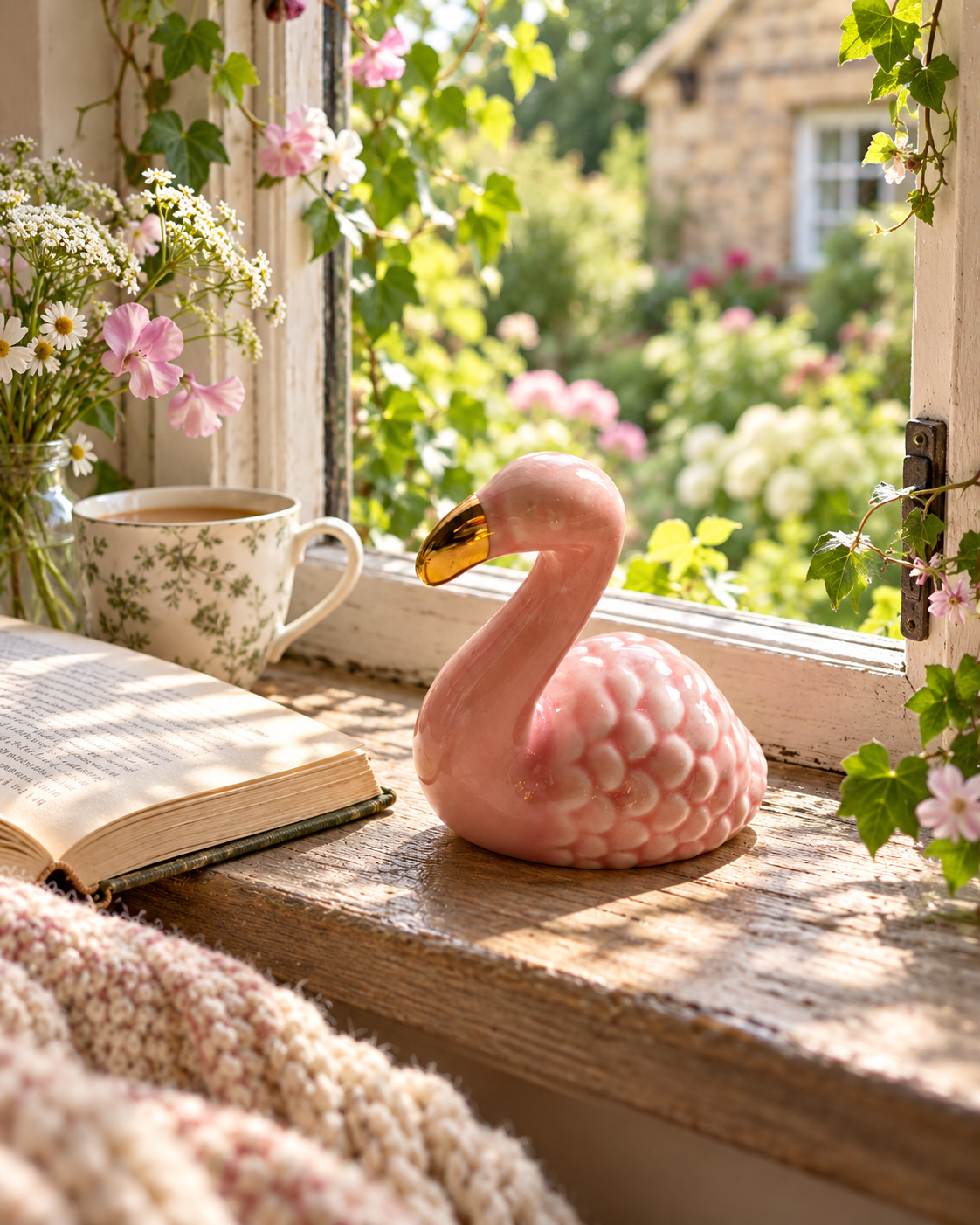 Pink Ceramic Swan Figurine – Gold-Tone Beak