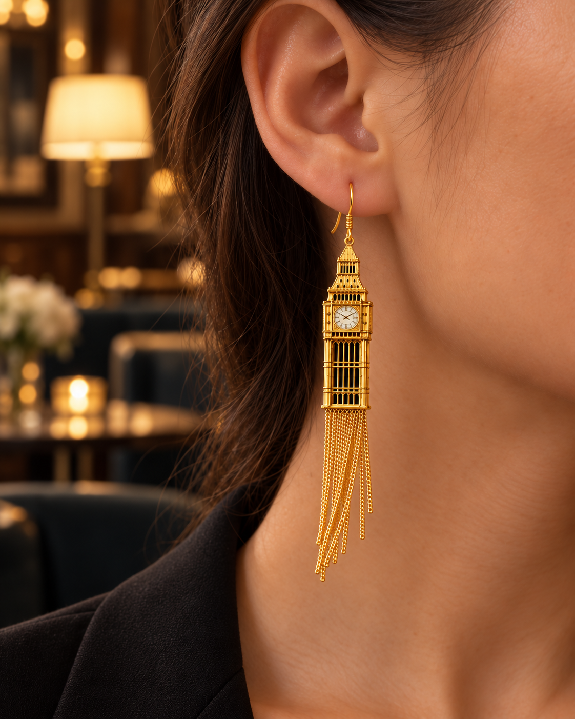 London Clocktower Tassel Earrings – 18K Gold-Plated Copper & 925 Silver Hooks