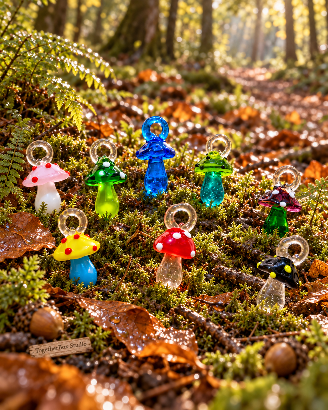 A Glimmer Along the Woodland Path – Coloured Glass Mushroom Pendants