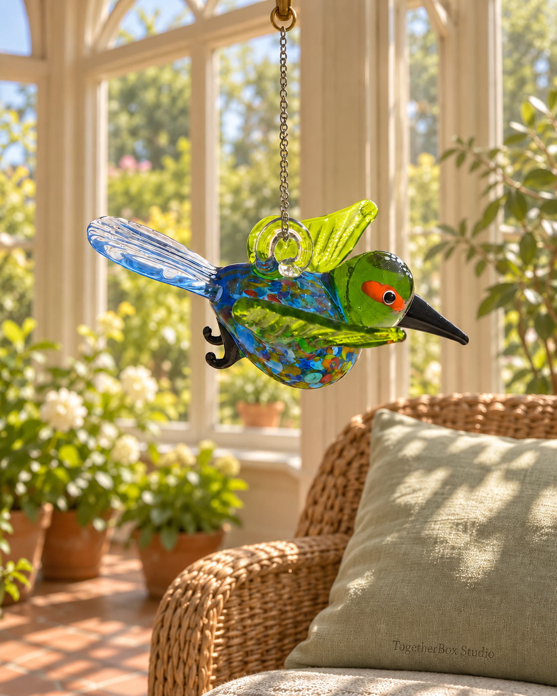 A Bright Visitor in the Orchard – Coloured Glass Bird Hanging Ornament