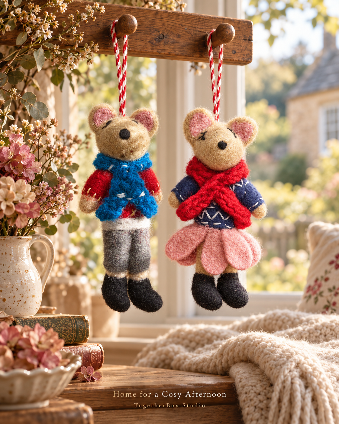 Cosy Bear Pair – Handmade Wool Felt Bear Ornaments