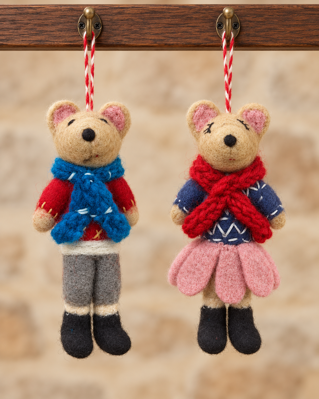 Cosy Bear Pair – Handmade Wool Felt Bear Ornaments