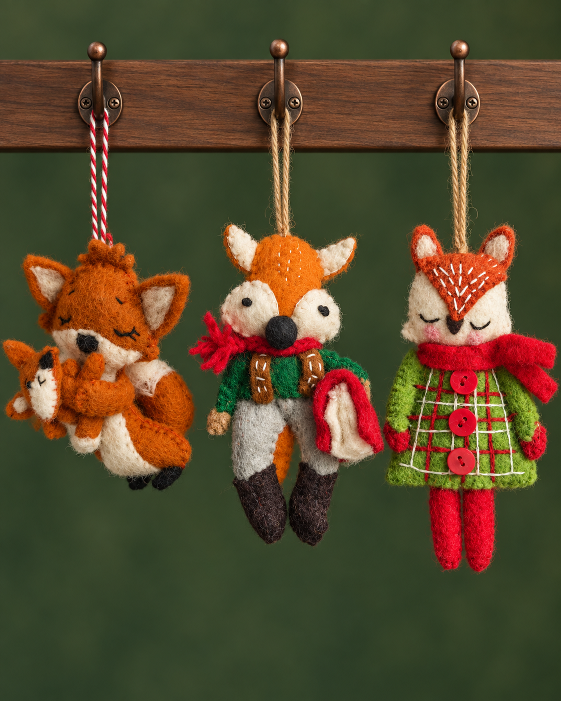Three Woodland Foxes – Handmade Wool Felt Fox Ornaments