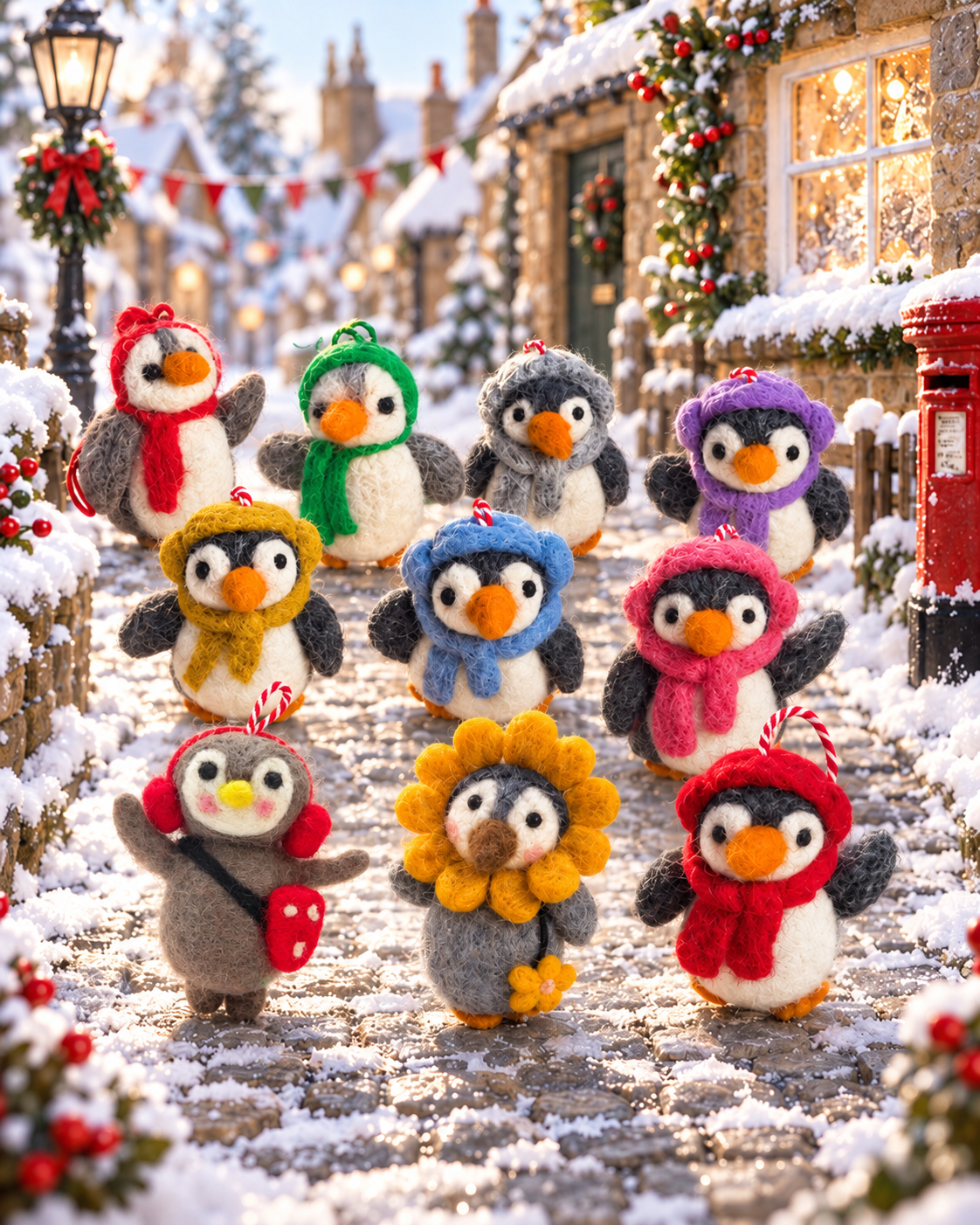 Little Penguin Parade – Handmade Wool Felt Penguin Ornaments