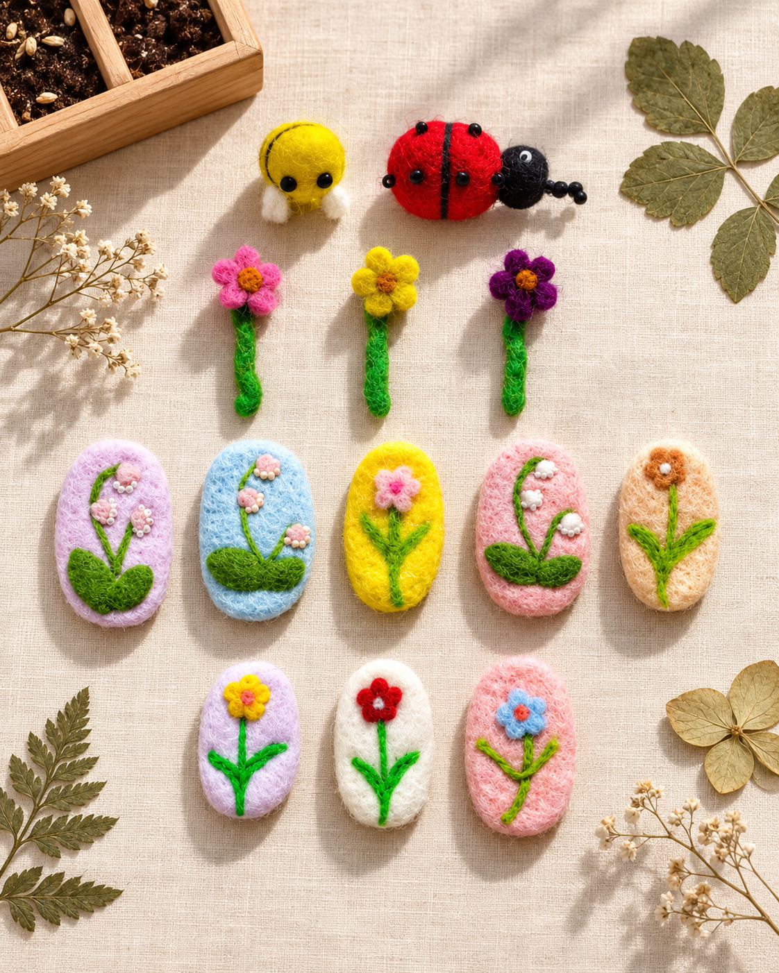 Pocket Garden – Wool Felt Flowers, Bees & Ladybird Decorations