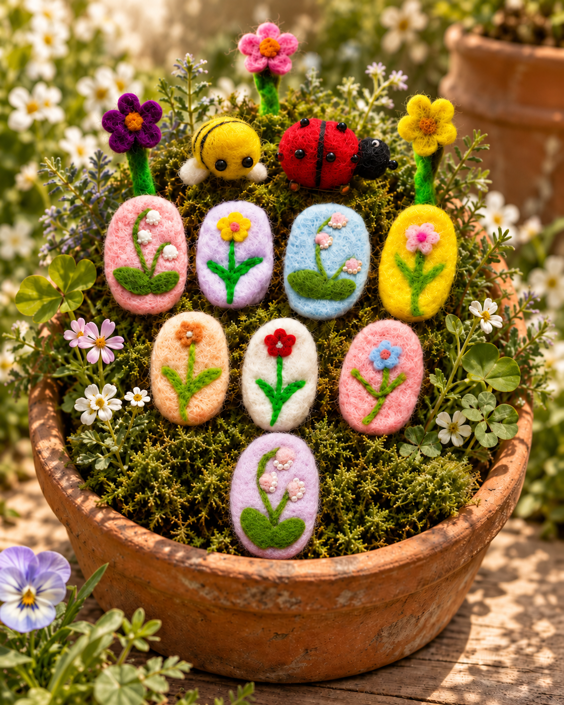 Pocket Garden – Wool Felt Flowers, Bees & Ladybird Decorations