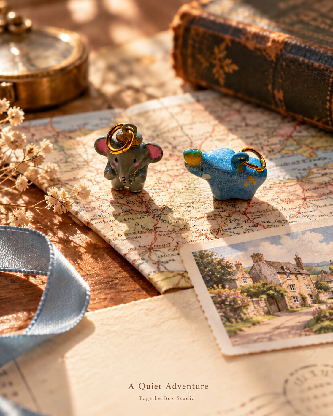 A Quiet Adventure – Little Beret & Heart Keeper Elephant Pendant / Charm Pair