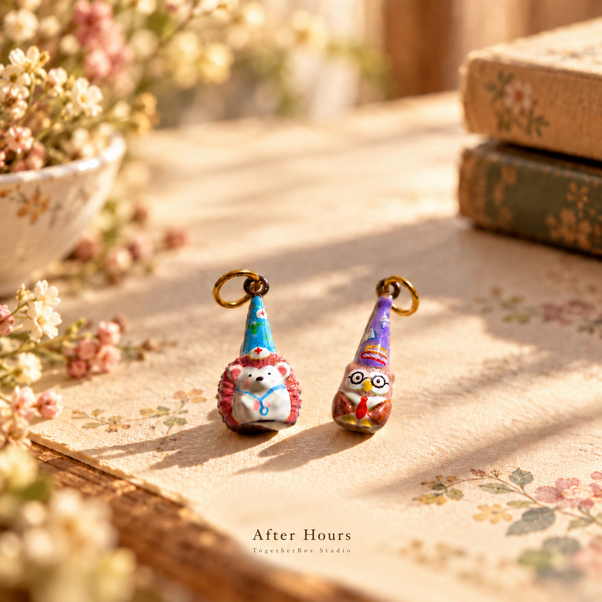 After Hours – Party Prickle & Purple Nightcap Owl Pendant / Charm Pair