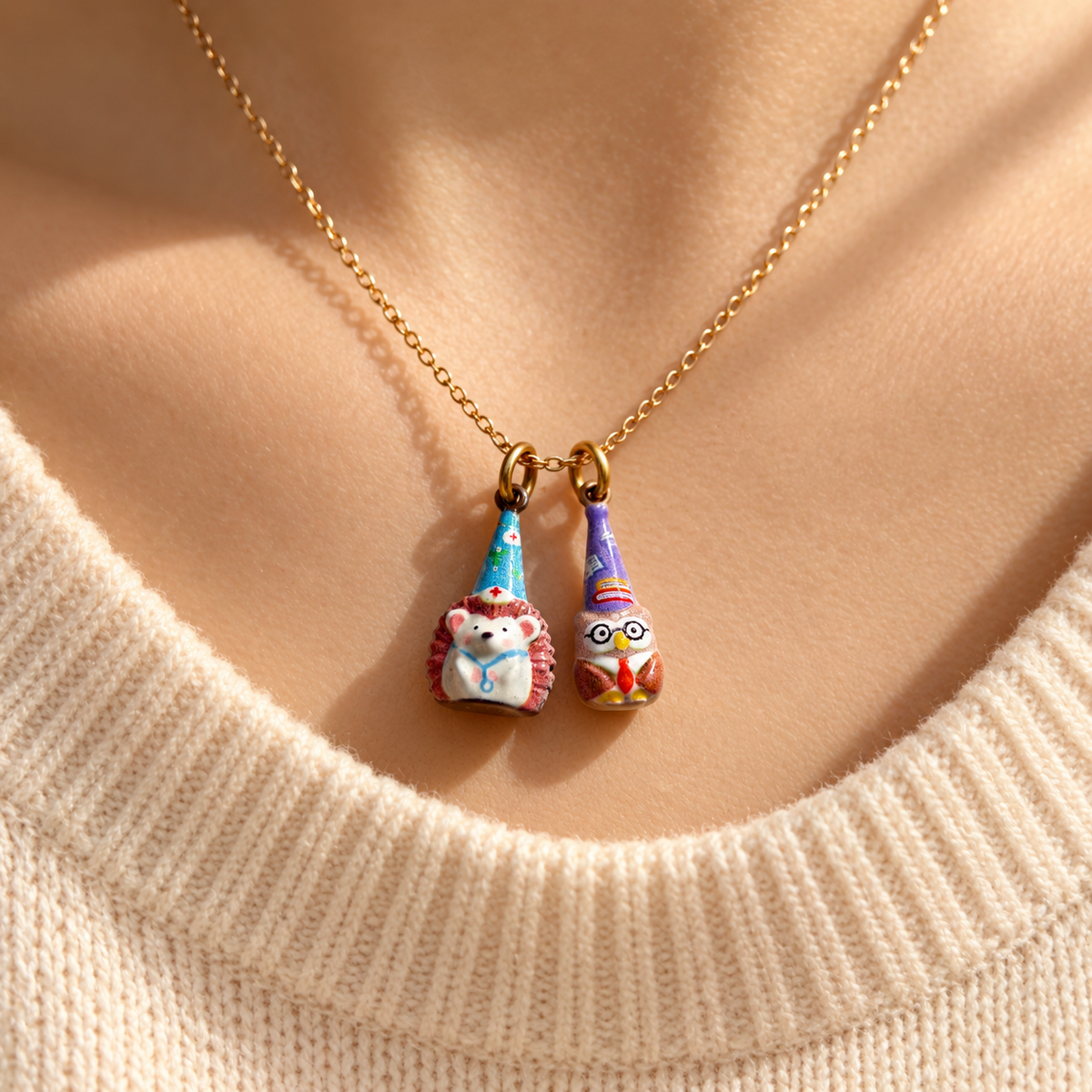 After Hours – Party Prickle & Purple Nightcap Owl Pendant / Charm Pair
