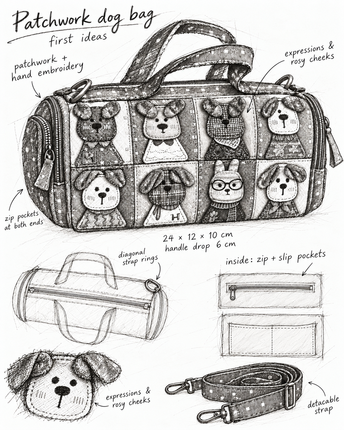 Storybook Dogs Brown Patchwork Barrel Bag – Hand-Embroidered Textile