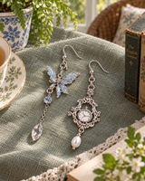Butterfly & Clock Drop Earrings – White gold-tone plated copper