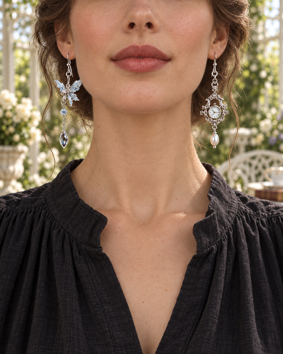 Butterfly & Clock Drop Earrings – White gold-tone plated copper