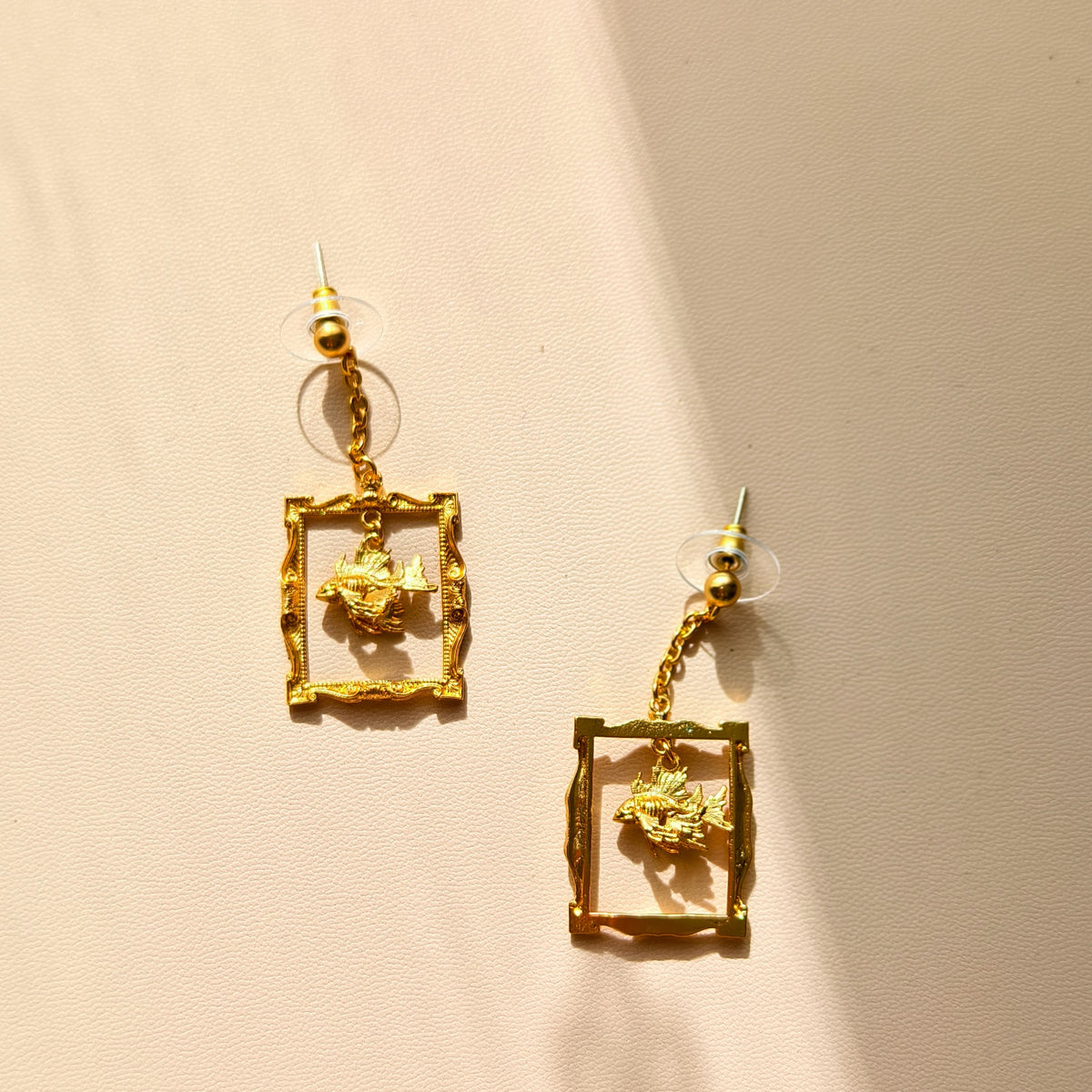 Devonian Fish Skeleton Frame Drop Earrings – Gold-Plated Copper & 925 Silver Posts