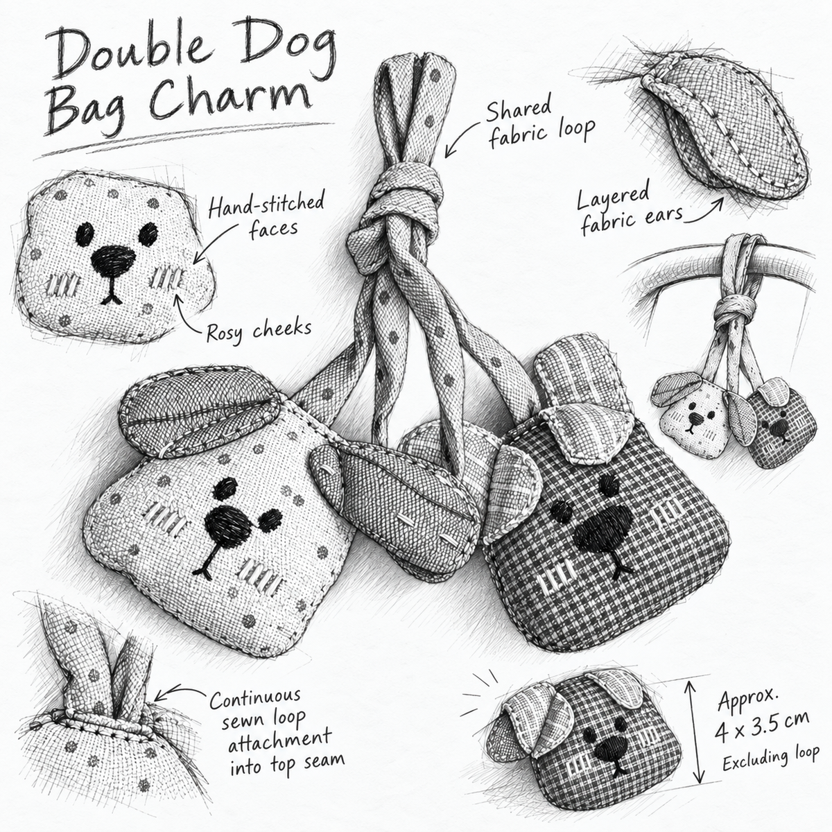Double Dog Bag Charm – Embroidered Textile